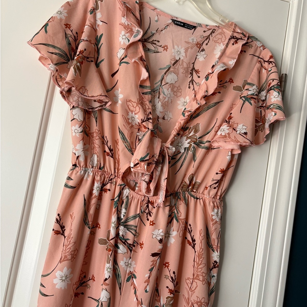 Shein Floral Ruffle Tie-Front Midi Jumpsuit in Peach